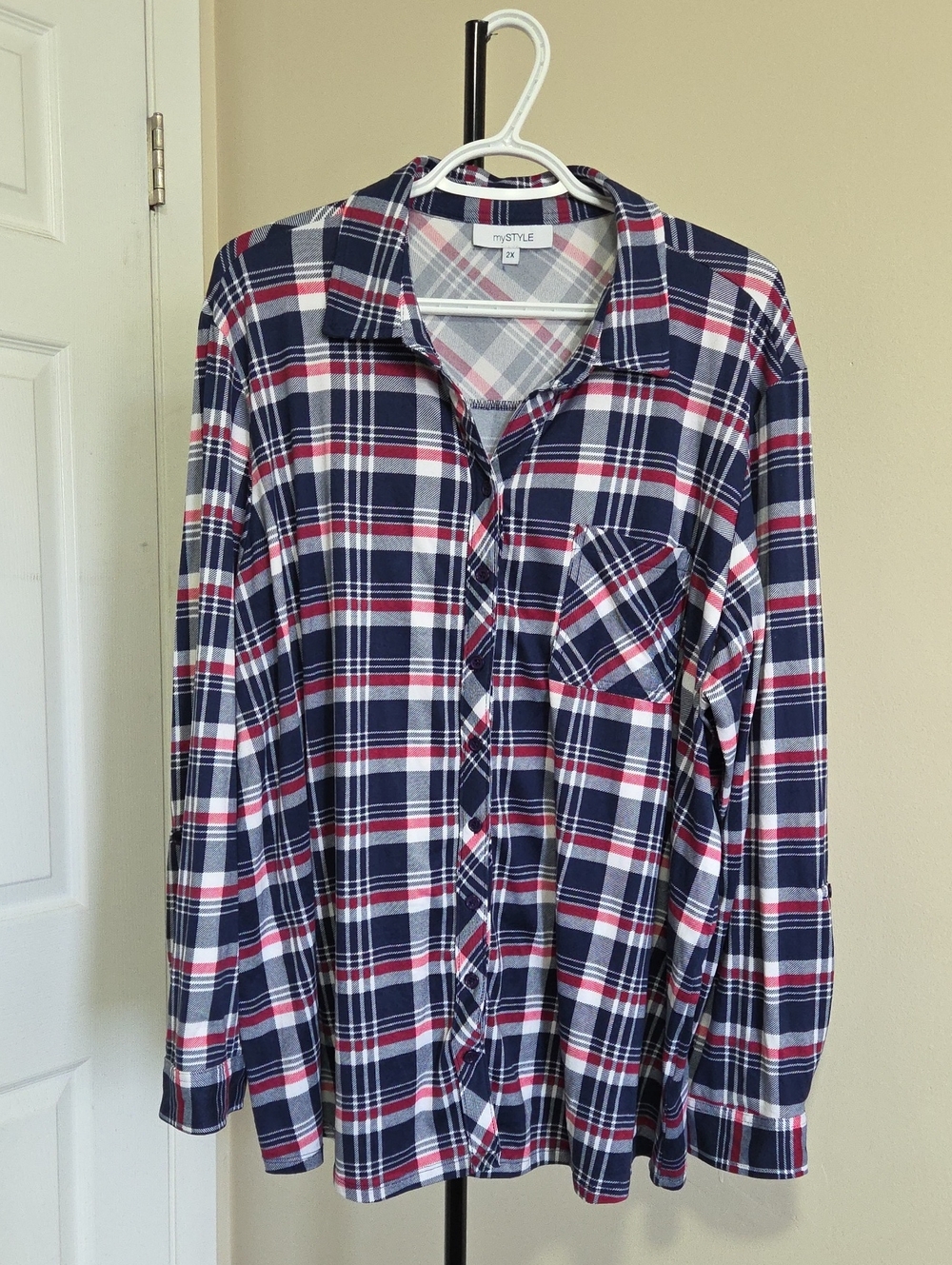 MyStyle Plus Size Navy Red White Plaid Button-Down Shirt